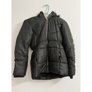 Juicy Couture Fur Lined Hoodie Puffer Jacket Girl's M 10-12 Black Gold
